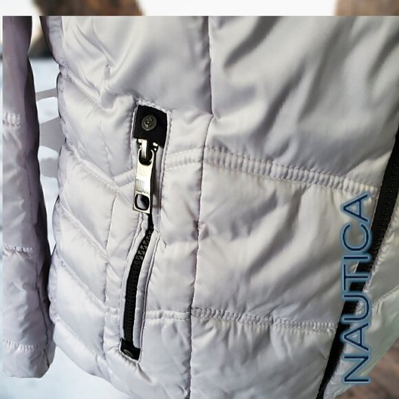Nautica | Women's Hooded  Puffer Jacket Detachable Fx Fur Hood | Silver | NWOT - Picture 4 of 15